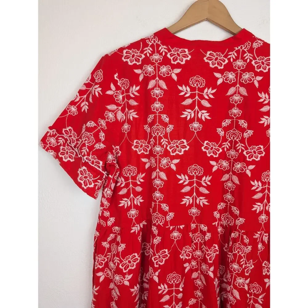 Draper James Simone Dress Floral Embroidered Ruffle Mini Cotton Red Size XL - Picture 6 of 11